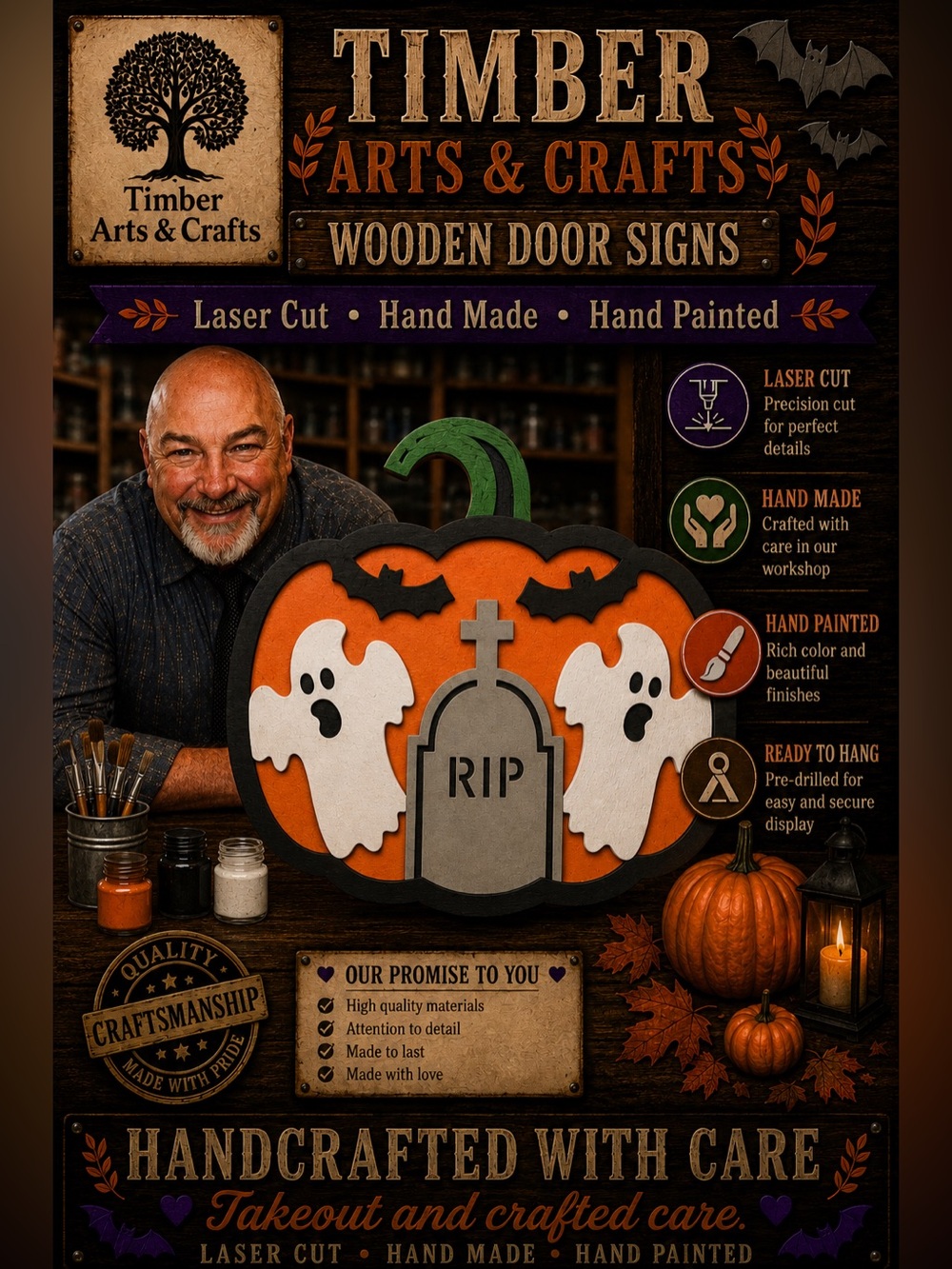 Hand Crafted Wooden "Halloween Ghosts In The Graveyard “ Door Hanger Las…